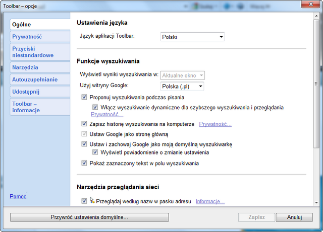 Google Toolbar 7 Opcje