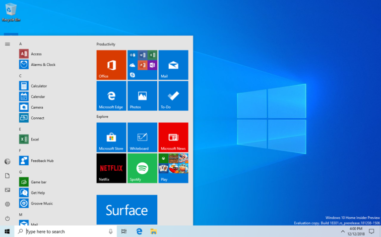 Windows 10 19H1 Menu Start
