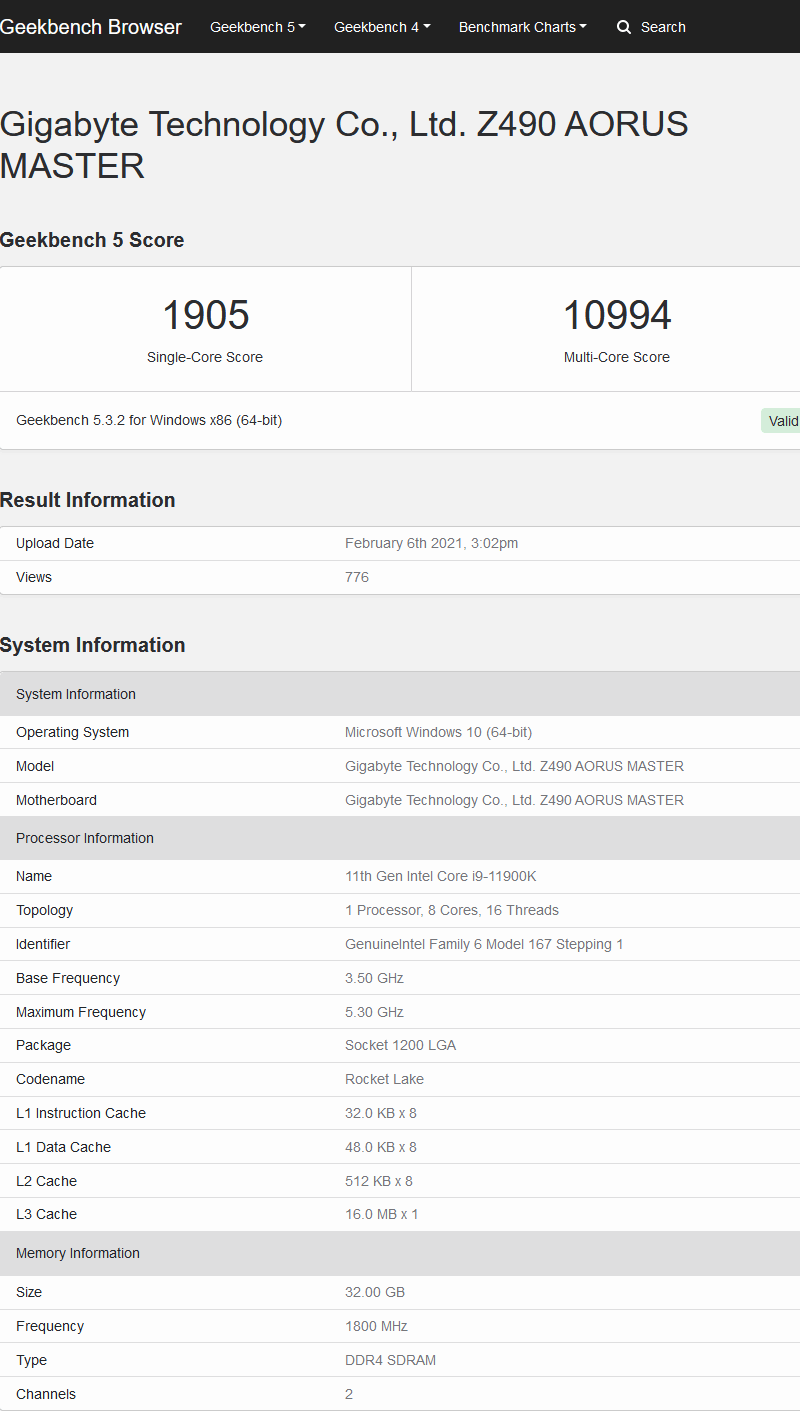 Intel Core i9-11900K w Geekbench