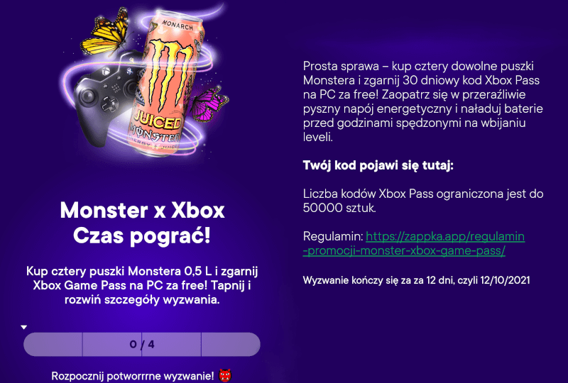 Xbox Game Pass PC za darmo przy zakupie 4 sztuk Monster Energy w sklepach Żabka