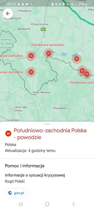 Google Maps informacje o powodziach w Polsce