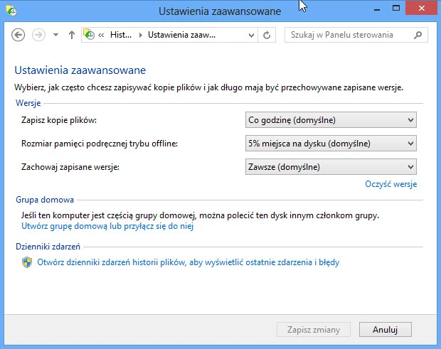 Historia plików - Ustawienia zaawansowane