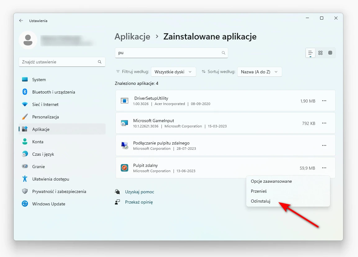 Usuwanie aplikacji Pulpit zdalny w systemie Windows 11