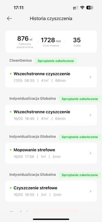 Aplikacja Dreamehome - historia czyszczenia