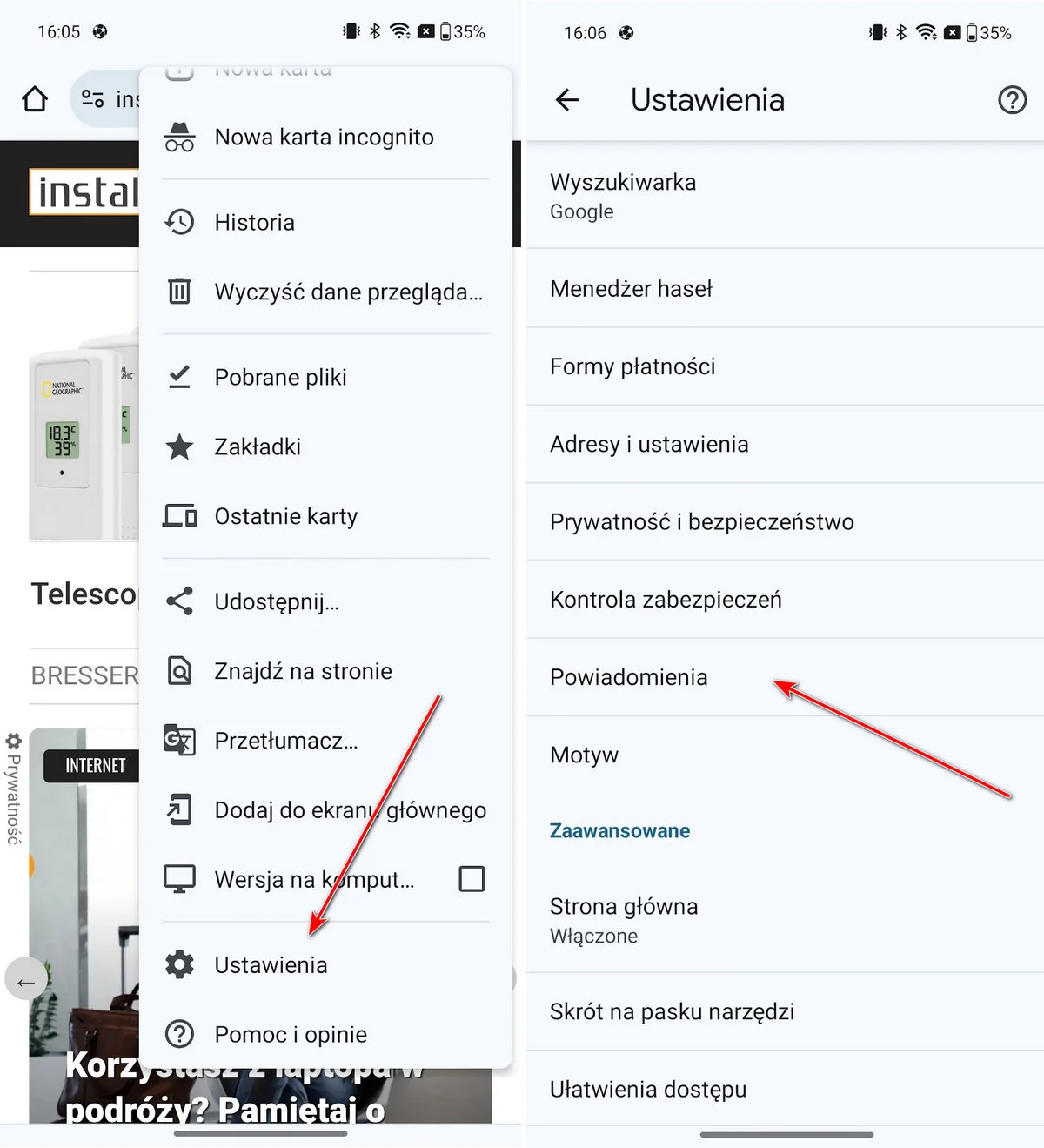 Ustawienia powiadomień w Chrome na Androidzie