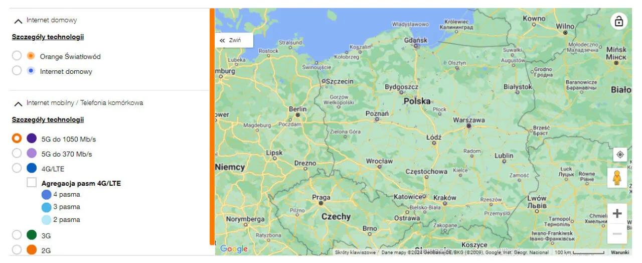 Mapę zasięgu technologii 5G do 1050 Mb/s można sprawdzić na stronie Orange