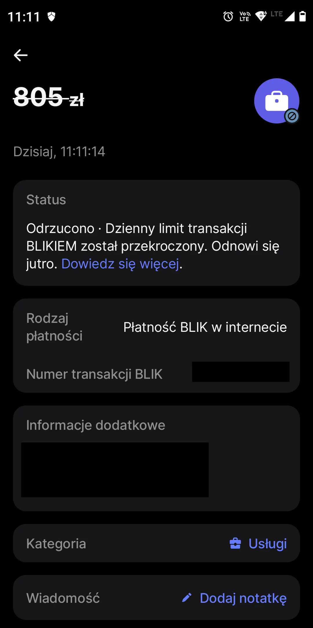 BLIK płatność odrzucono