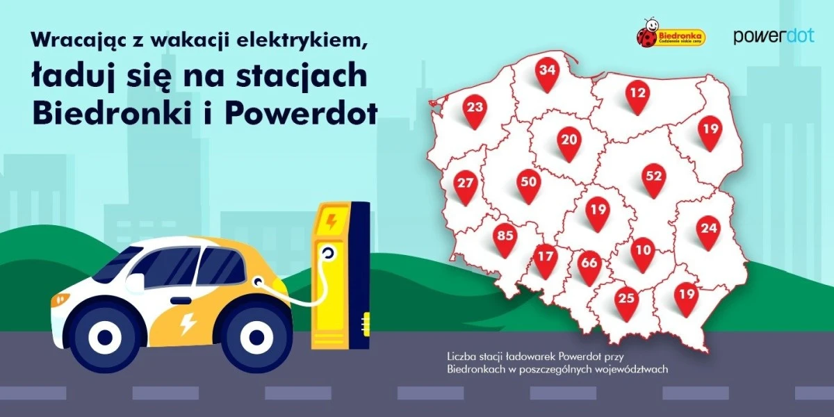 Mapa ładowarek Powerdot dla aut elektrycznych, usytuowanych przy sklepach Biedronka