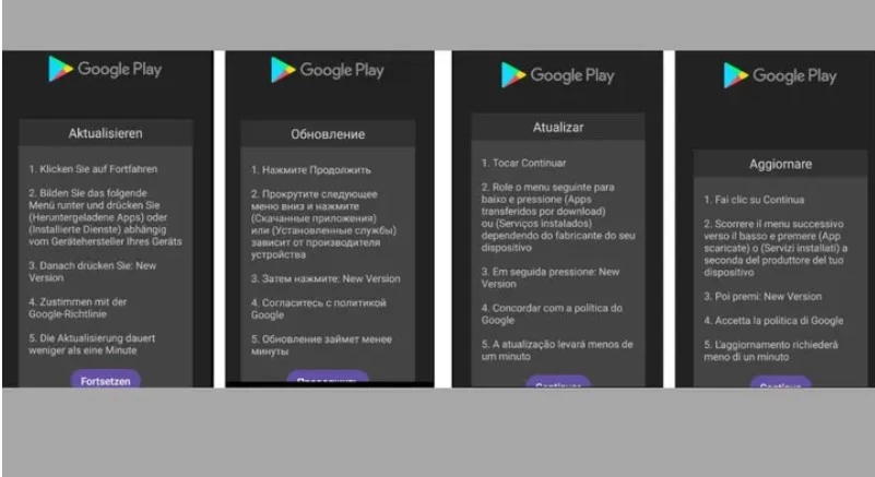 Fałszywa aktualizacja Google Play w róznych językach