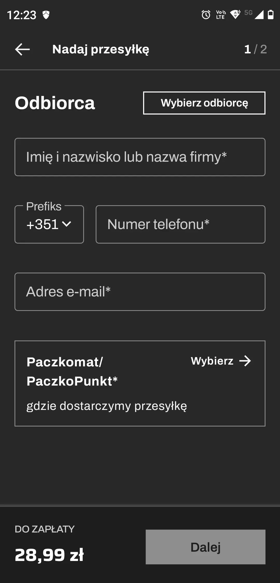 Dane odbiorcy przesyłki w InPost Mobile