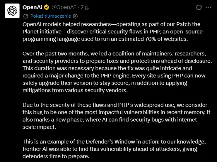 OpenAI pomogło w załataniu PHP.