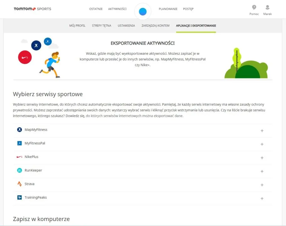 TomTom Sports eksportowanie aktywności