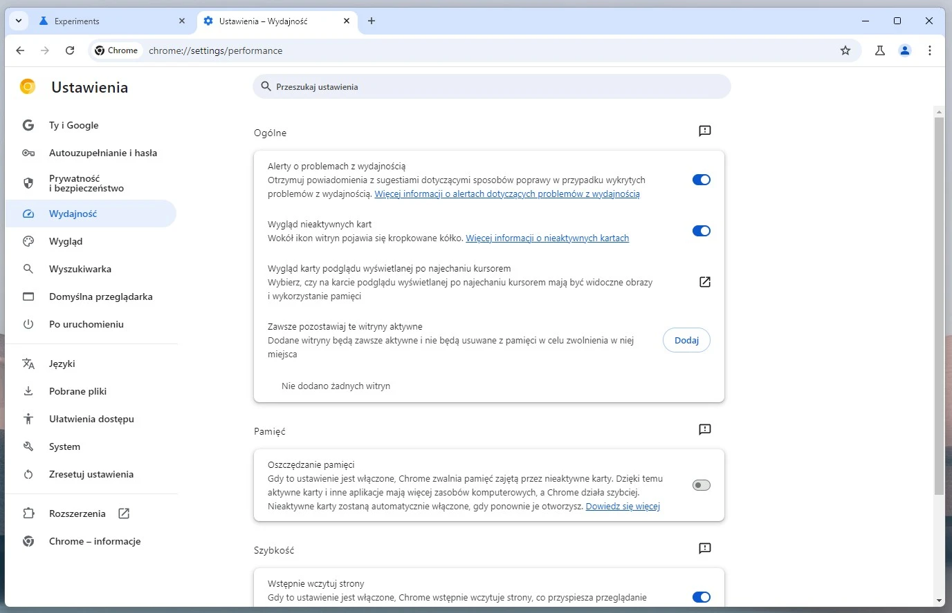 Alerty o problemach z wydajnością w Google Chrome włącza się z poziomu menu Ustawień