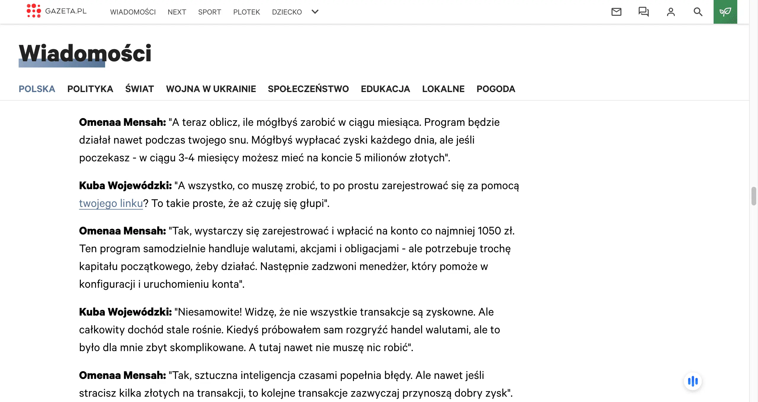 Fałszywy wywiad z Omenaa Mensah, nakłaniający do inwestycji