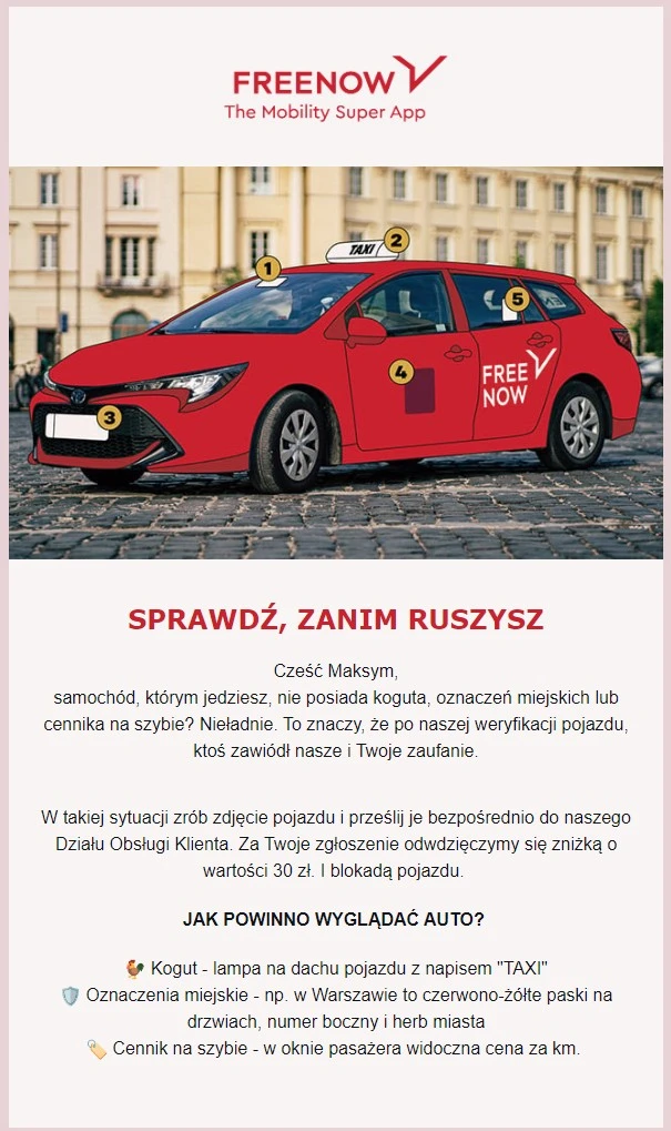 FreeNow 30 złotych za reklamację