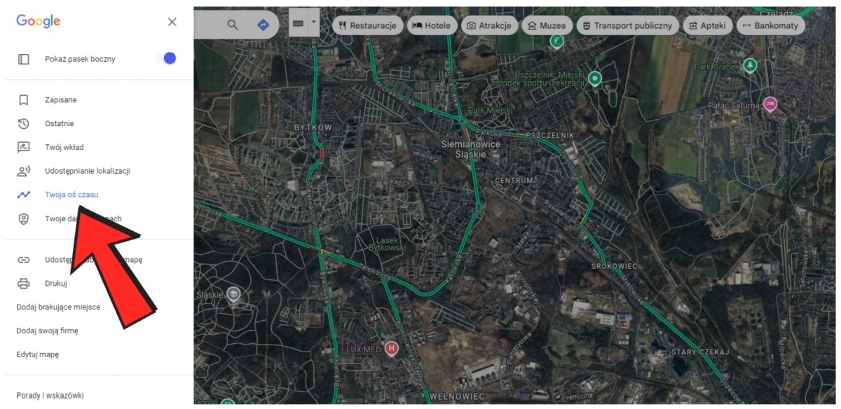 oś czasu w mapach google