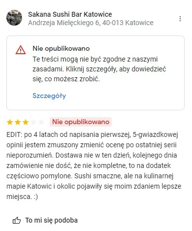 opinie w Google nie opublikowano skasowane lokalni przewodnicy