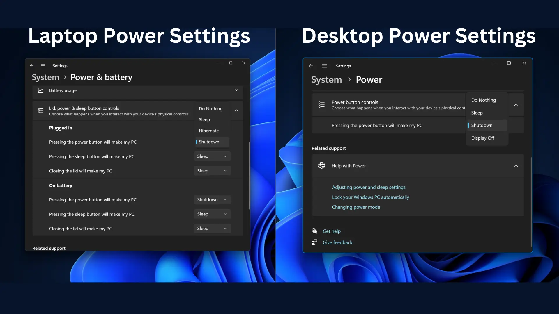 Ustawienia zasilania laptopa (po lewej) i desktopa (po prawej) w Windows 11 24H2