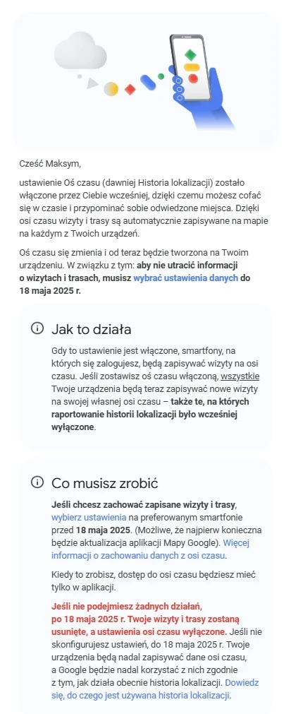 Treść wiadomości przesyłanej przez Google użytkownikom Osi czasu