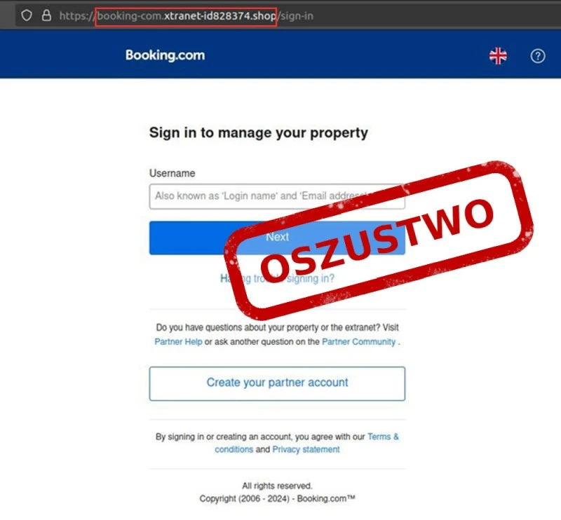 fałszywa strona booking.com