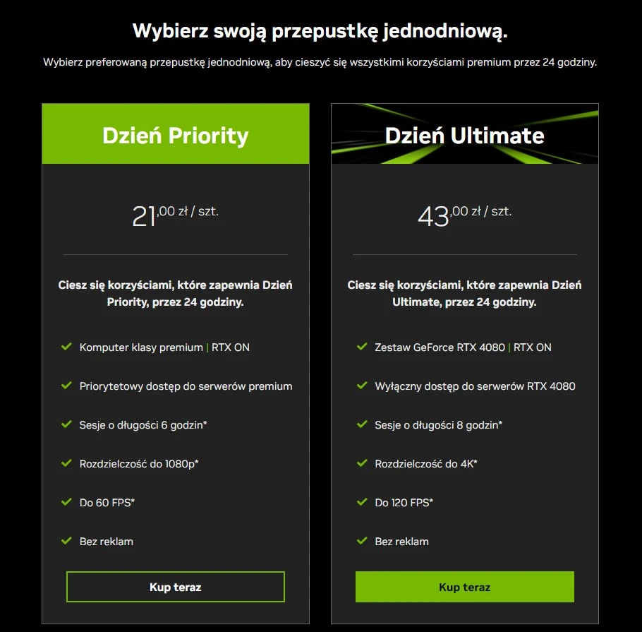 Cennik GeForce NOW - przepustka jednodniowa