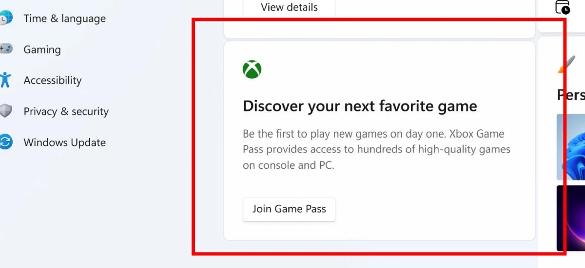 Reklama Xbox Game Pass w menu Ustawienia Windows 11