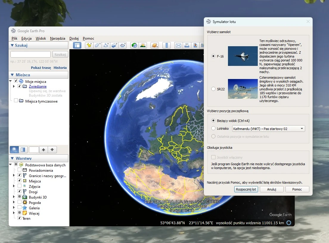Symulator latania w Google earth pro