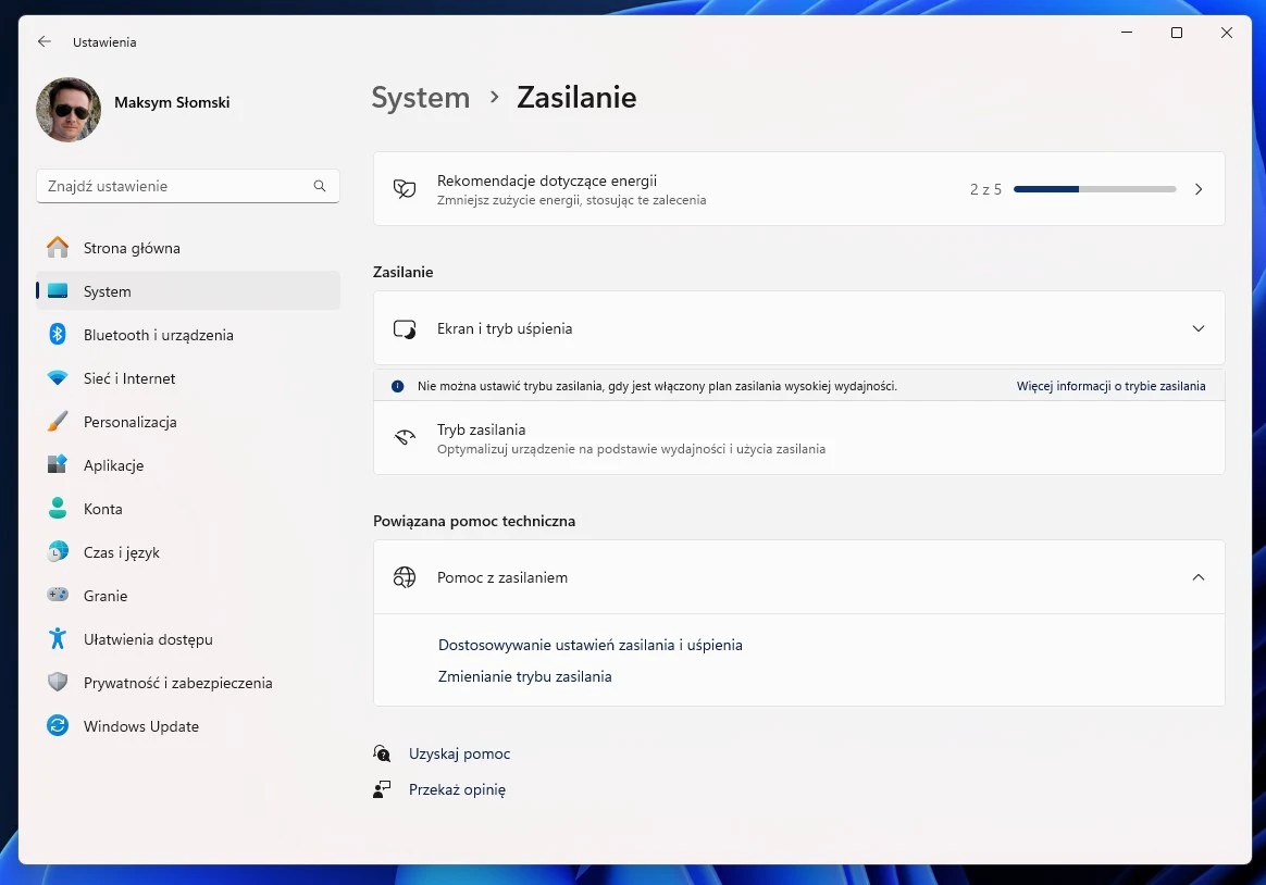 Ustawienia zasilania w Windows 11 Moment 5