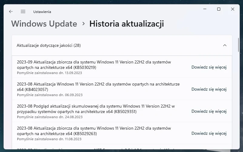 Historia aktualizacji w Windows 11.