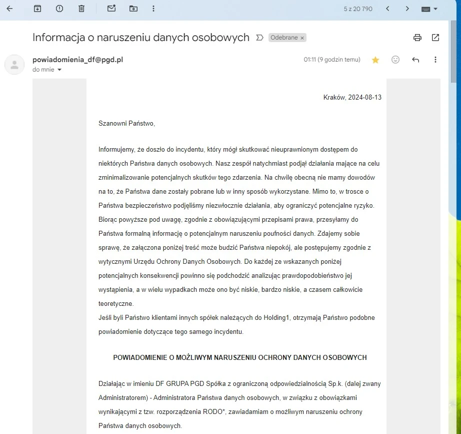 Fragment wiadomości od PGD o wycieku danych