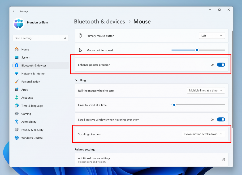 ustawienia myszy windows 11