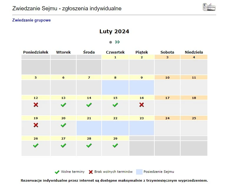 internetowy system rezerwacji indywidualnych wizyt w Sejmie